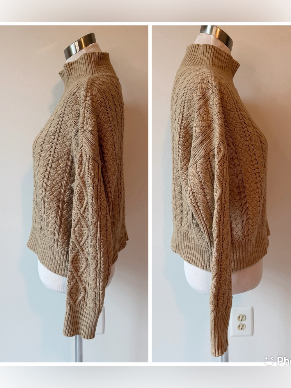 Banana Republic Tan Cable Knit Mock Turtleneck Fisherman Sweater, size Medium - Picture 4 of 16